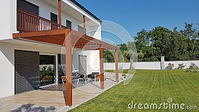 Pergola on passive house Stock Photo