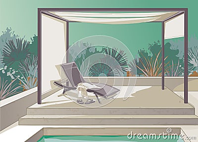 Pergola, pool, white curtains Vector Illustration