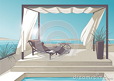 Pergola, pool, white curtains Vector Illustration