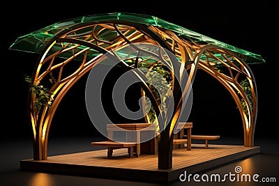 Pergola wood lake gazebo. Generate AI Stock Photo