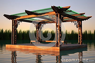 Pergola wood lake. Generate AI Stock Photo