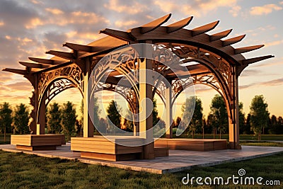 Pergola wood lake grass pavilion. Generate AI Stock Photo