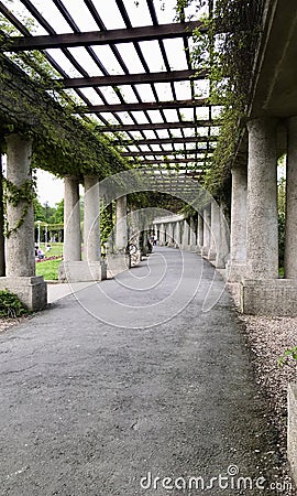 A pergola in Wroclaw, people are resting while walking along a corridor made of columns Stock Photo