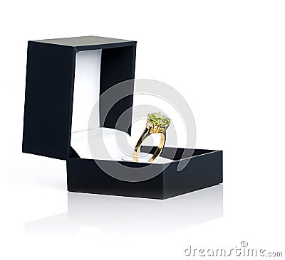 Peridot and Diamond Jewel or gems ring in black jewel box. Collection of natural gemstones accessories. Studio shot Stock Photo