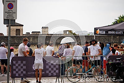 Perigueux, Dordogne, France June 03 2023 : United in Sports: Spectators Watching a Rugby Match Broadcast in a Public Square Editorial Stock Photo