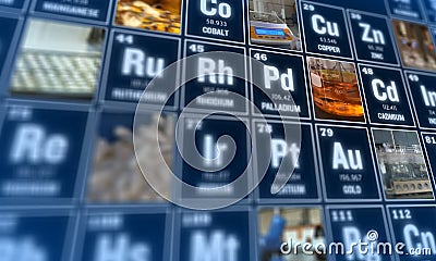 Periodic table of elements and laboratory tools. Science concept. Stock Photo