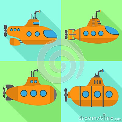 Periscope submarine icons set, flat style Vector Illustration