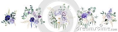 Periwinkle violet, purple anemone, dusty mauve and lilac rose, white hydrangea, hyacinth Vector Illustration