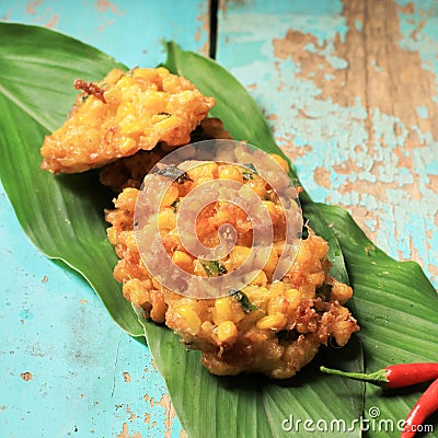 Perkedel Jagung or Bakwan Jagung, Indonesian Sweeet Corn Fritters. Savory Snack Side Dish Stock Photo