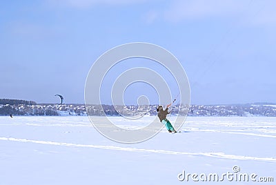 Snowkiter on the ice of the Kama Reservoir Editorial Stock Photo