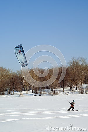 Snowkiter on the ice of the Kama Reservoir Editorial Stock Photo