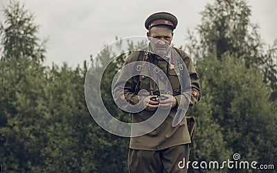 PERM, RUSSIA - JULY 30, 2016: Historical reenactment of World War II, summer, 1942. Soviet officer Editorial Stock Photo