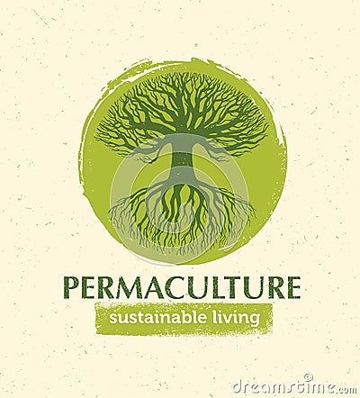 Permaculture Sustainable Living Creative Vector Design Element Concept. Old Tree With Roots Inside Rough Circle Vector Illustration