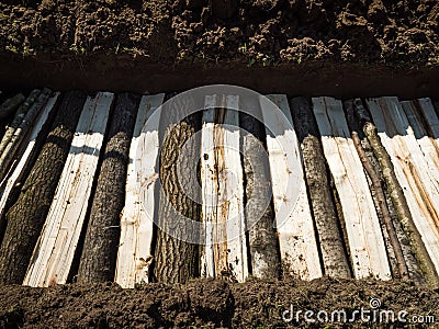 Permaculture trench side view of half long logs of wood Stock Photo