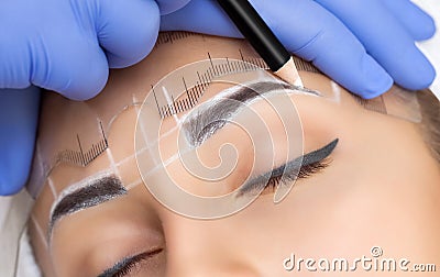 Permanent make-up for eyebrows of beautiful woman with thick brows in beauty salon. Stock Photo