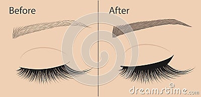 Permanent makeup. Eyeliner and correction eyebrow shaping. Before and after. Salon procedure. Vector Illustration