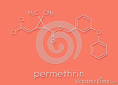 Permethrin pyrethroid insecticide. Used to treat scabies and head lice in humans. Used to impregnate mosquito nets and in flea. Stock Photo