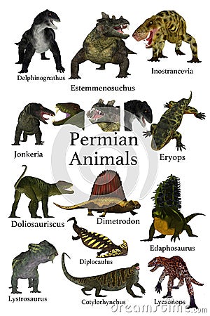 Collection of Primitive Permian Animals Stock Photo