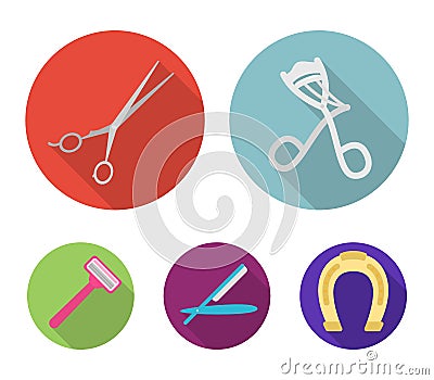 Perms for eyelashes, a dangerous razor, scissors, a shaving machine. Hairdresser set collection icons in flat style Vector Illustration