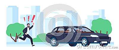 Perpetrator drives away in stolen car. Owner chases him through town. Automobile theft. Angry man running after vehicle Vector Illustration