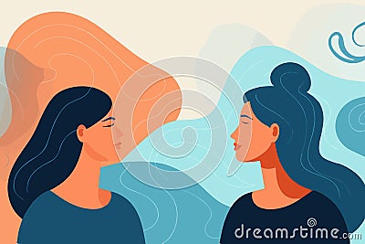 Perplexed woman heeds inner voice. Troubled female listens to alternate personas, uncertain in decision-making. Vector graphic Vector Illustration