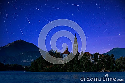 Perseid MEteor Shower over Bled Lake in Slovenia Stock Photo