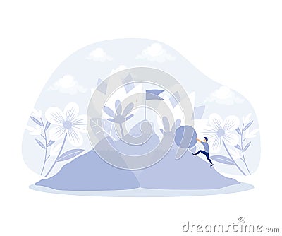 Perseverance, ambitious businessman pushing heavy boulder to mountain peak. Vector Illustration