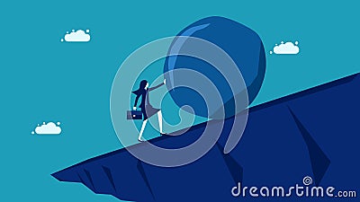 Perseverance and hard work. Businesswoman pushing a rock up a cliff Vector Illustration
