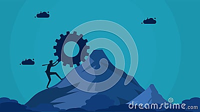 Persevere and strive for success. Businesswoman pushing gears up hill. Vector Illustration