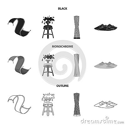 Persian carpet, dunes in the desert, Shanghai Tower, oil well.Arab emirates set collection icons in black,monochrome Vector Illustration