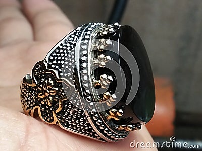 Persian Ring With Black Yemeni Aqeeq Stone Stock Photo