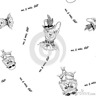 Persian and sphynx cat in steampunk or retro style. Seamless pattern Vector Illustration