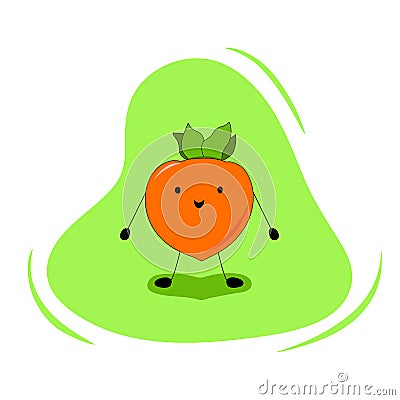 Persimmon Kawaii Character. Orange Tropical Fruit on Green Background. Flat Design Vector Illustration