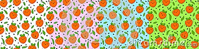 Persimmon Seamless Pattern in Different Poses on a White, Pink, Blue and Green Background with Leaves. Cute and Happy Vector Illustration