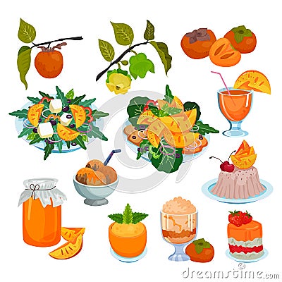 Persimmon vector fresh fruity food salad dessert ice cram jam and sweet fruit of persimmon-tree illustration set of Vector Illustration