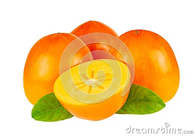 Persimmon Whole And Halved Fruit Isolated On White. Persimmon Closeup Retouched Image Stock Photo