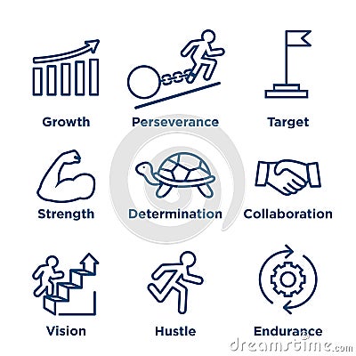 Persistence icon set with image of extreme motivation and drive Vector Illustration