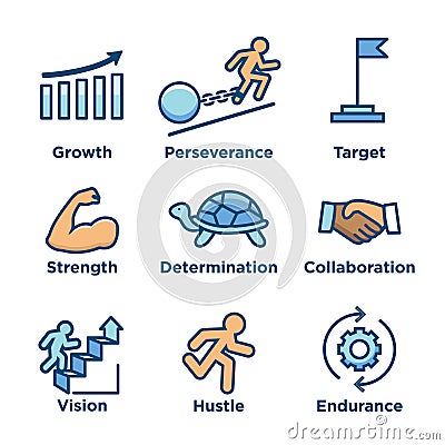 Persistence icon set with image of extreme motivation and drive Vector Illustration