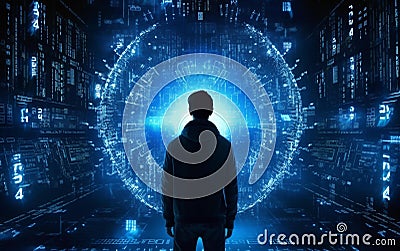 person advanced AI systems govern every aspect of society, Max, a brilliant hacker with a rebellious streak, Generative AI Stock Photo