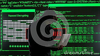 Person against big digital wall in studio. Man hacker with laptop hacking server database, digital screen with cyber Stock Photo