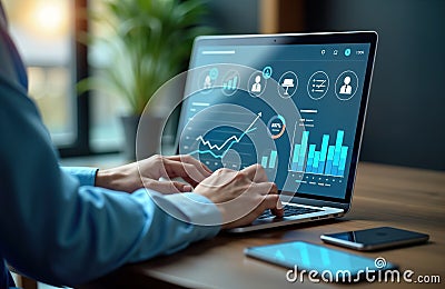 Person analyzes business data on laptop screen. Data analyst uses BI dashboard. Graphs, charts display metrics, KPIs. Management Stock Photo