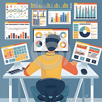 Person analyzing multiple charts and graphs on computer screens, conducting data analysis, business intelligence, and performance Stock Photo