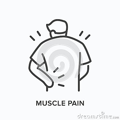 Person with backache line icon. Vector outline illustration man with musle pain. Human with spine problems Vector Illustration