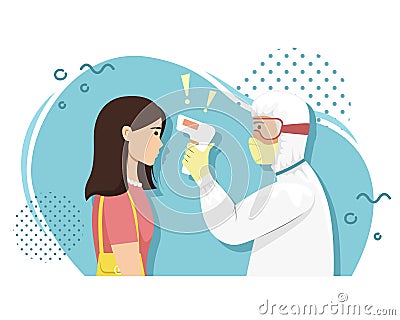 A person in bacterial protection measures the girl`s temperature with a thermal imager. Viral disease. Epidemic Vector Illustration