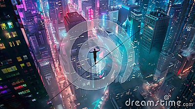 A person balances on a highwire above a vibrant cityscape at night. Urban adrenaline rush, precarious daredevil stunt Stock Photo