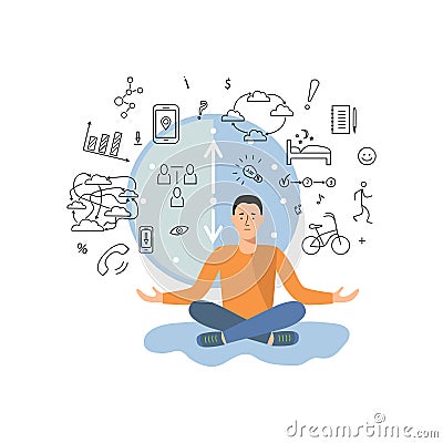 Person is balancing between work, getting information and rest, sport, other activities. Stock Photo