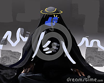 Person with black clothes and veil on head. Figurative and representational post modern art with street art and basquiat vibe. Cartoon Illustration