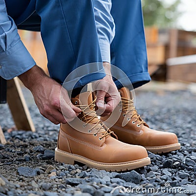 Person tying tan work boots on gravel ground, blue trousers, blurred outdoor background, work environment Stock Photo