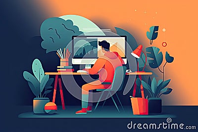 A person browsing products on a computer device while sitting at a desk, flat illustration Cartoon Illustration