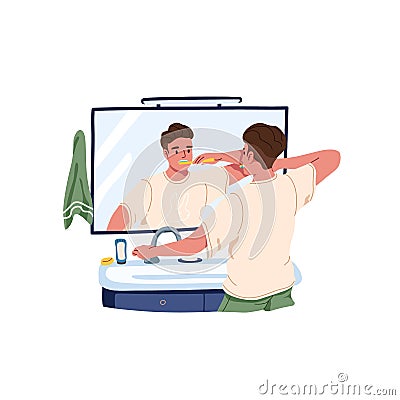 Person brushing his teeth with toothbrush in front of mirror in bathroom. Man clean mouth with brush. Toothbrushing Vector Illustration